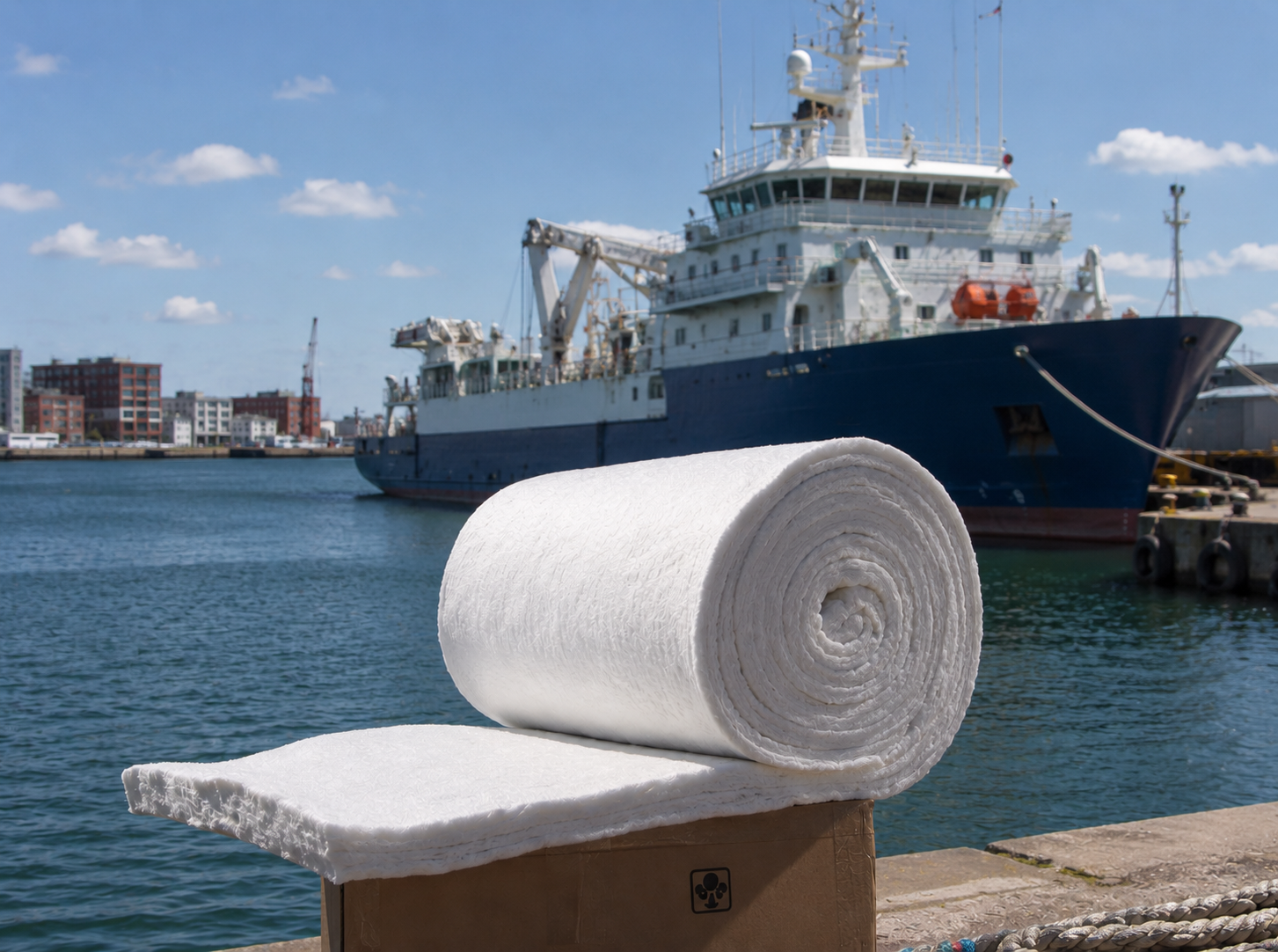 Firemaster Marine Plus deken op een kade met op de achtergrond een schip — symbool voor isolatieoplossingen voor de maritieme sector.